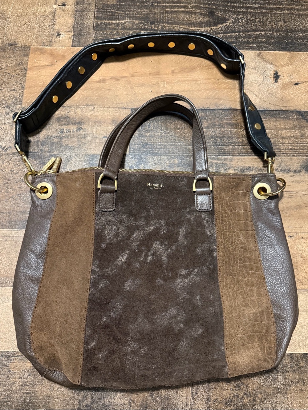 Hammitt Brown Mixed Material Shoulder Bag with Signature Studded Guitar Strap